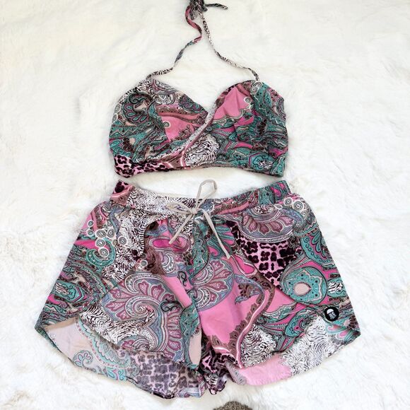 Festival Patchwork Psychedelic Halter Top & Shorts Set XS - Pink - Picture 1 of 4